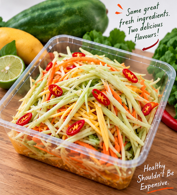 Mia's Som Tam salad box with fresh papaya, mango and carrot