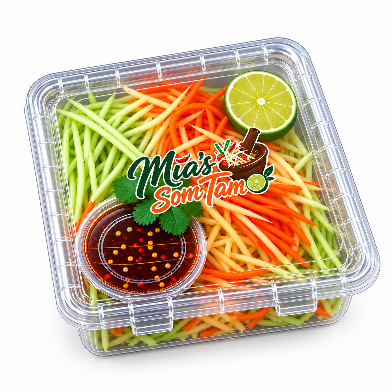 Close up of Mia's Som Tam packed fresh with lime and coriander