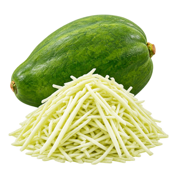 Fresh green papaya, whole and shredded